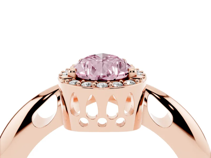 Fancy Pink Pear Cut Diamond Halo Engagement Ring Set in Rose gold with Plain Split Shank and Prong Setting