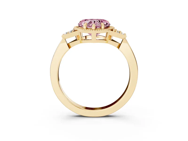 Fancy Pink Heart Cut Diamond Milgrain Solitaire Ring Set in Yellow gold with Tapered Pavé Band and Prong Setting