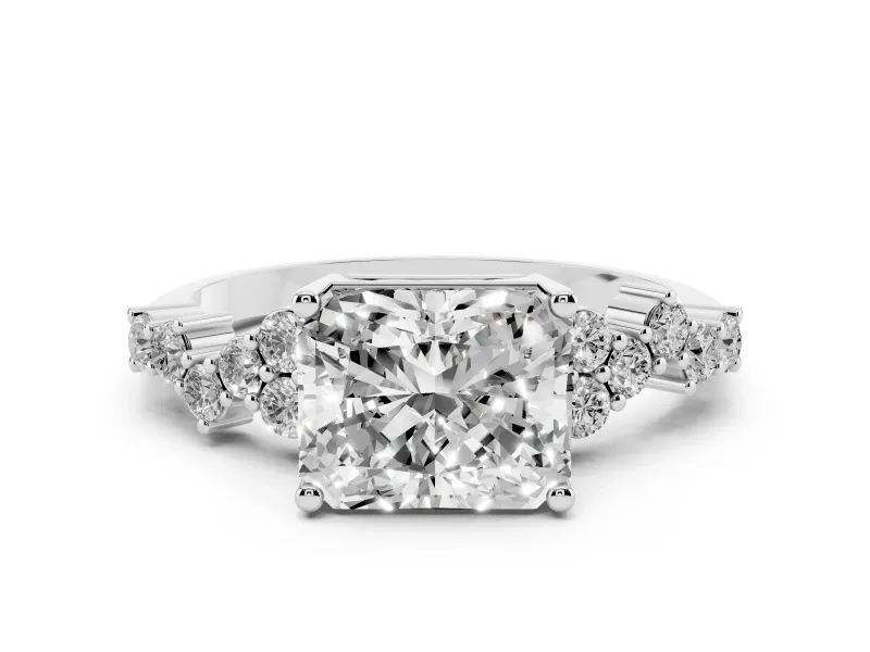 Radiant Cut Diamond Ring Set in Platinum with Scattered Round Accents