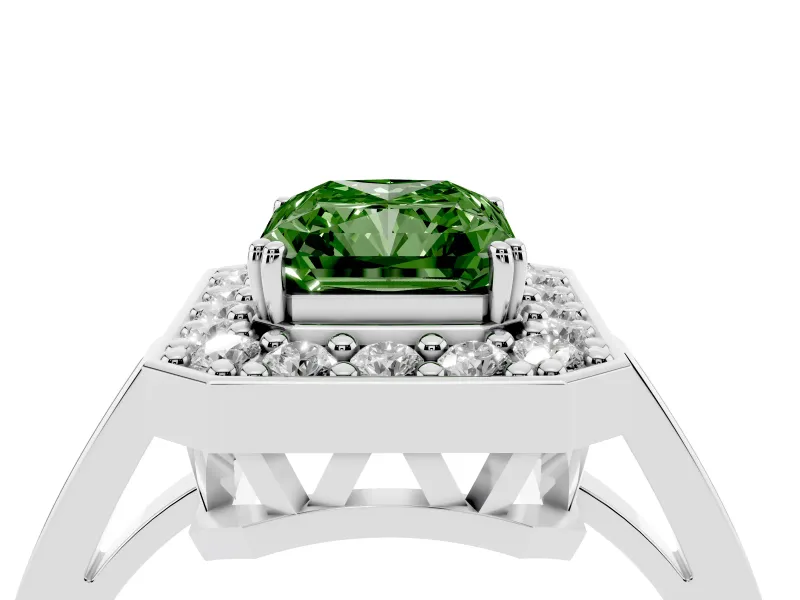 Fancy Green Radiant Cut Diamond Halo Ring Set in Silver with Accent-Lined Split Shank and Prong Setting