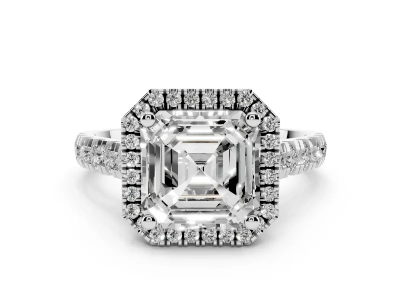 Asscher Cut Diamond Halo Engagement Ring Set in White gold with Pavé Band and Prong-Set Center