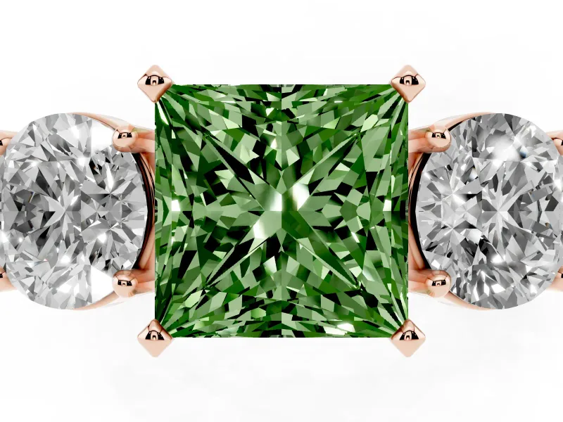 Princess Cut Three Stone Engagement Ring Setting for a Fancy Green Lab-Grown Diamond | Wide Plain Band | Rose Gold