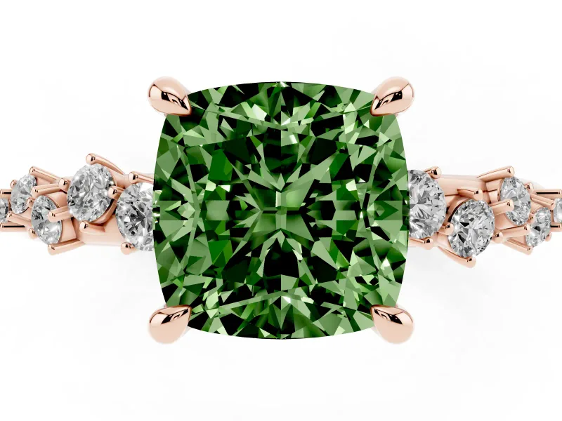 Fancy Green Cushion Cut Diamond Solitaire Vine Band Ring Set in Rose gold with Round Accents and Prong Setting
