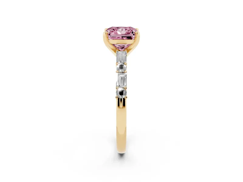 Princess Cut Baguette Side Stone Engagement Ring Setting for a Fancy Pink Lab-Grown Diamond | Yellow Gold