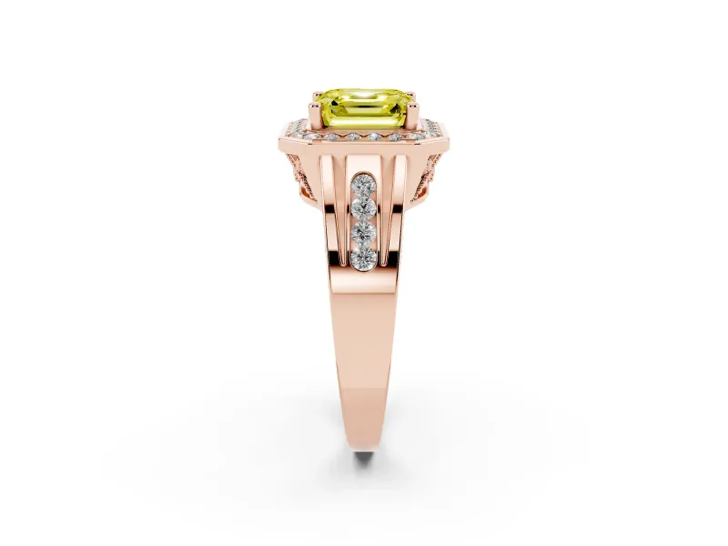 Asscher Cut Halo Engagement Ring Setting for a Fancy Yellow Lab-Grown Diamond | Channel-Set Split Shank | Rose Gold