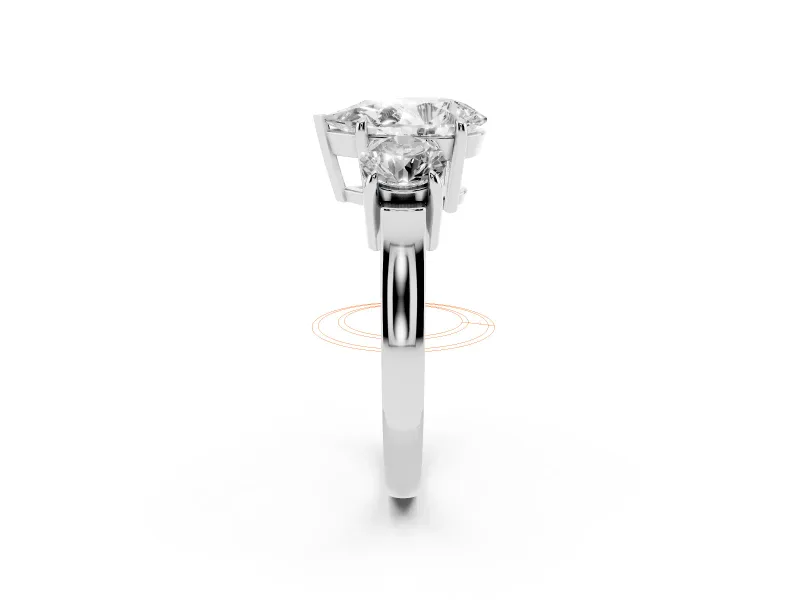 Pear Cut Diamond Three-Stone Ring Set in Platinum with Round Accent Stones and Plain Band