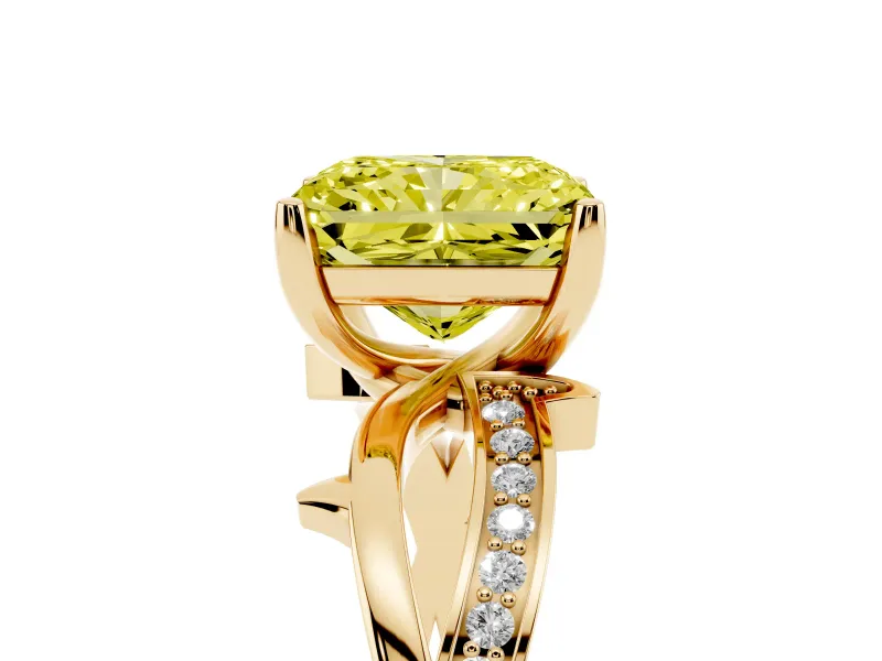 Fancy Yellow Radiant Cut Diamond Pavé Twist Band Solitaire Ring Set in Yellow gold with Prong Setting