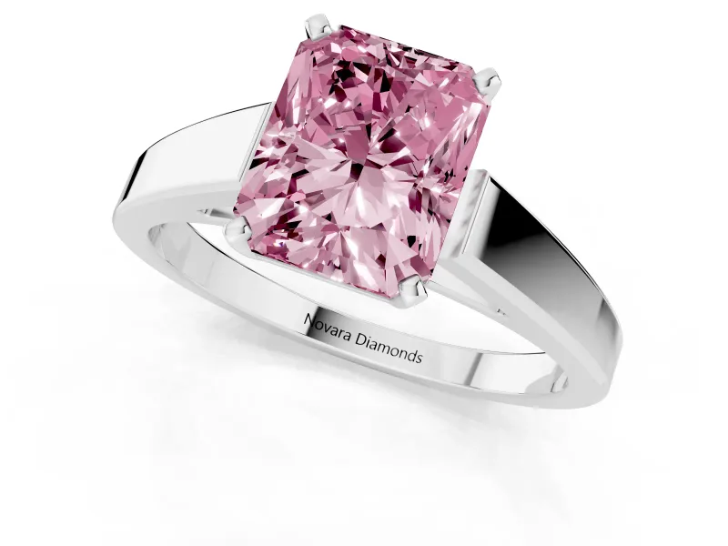Fancy Pink Radiant Cut Diamond Solitaire Engagement Ring Set in Platinum with Prong Setting and Tapered Band