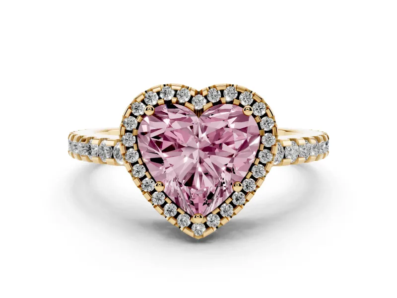 Fancy Pink Heart Cut Diamond Halo Ring Set in Yellow gold with Pavé Shoulders and Halo-Framed Center