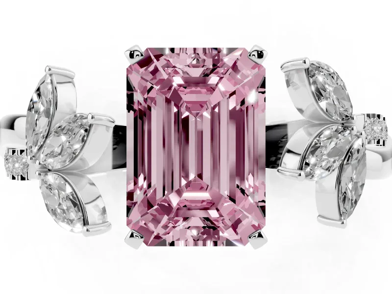 Fancy Pink Emerald Cut Diamond Floral Vine Solitaire Engagement Ring Set in Platinum with Marquise Leaves