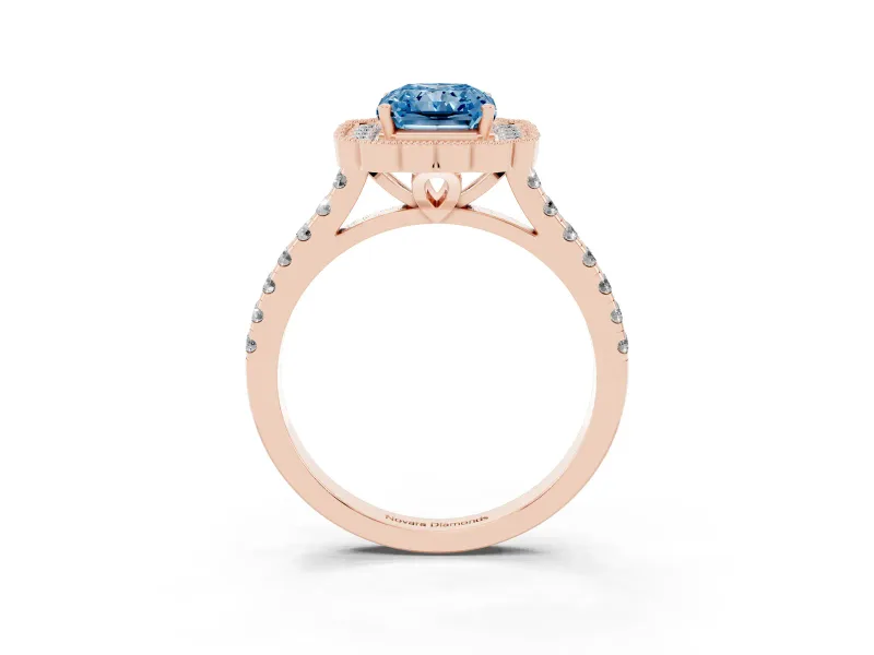 Fancy Blue Radiant Cut Diamond Milgrain Floral Halo Engagement Ring Set in Rose gold with Pavé Band