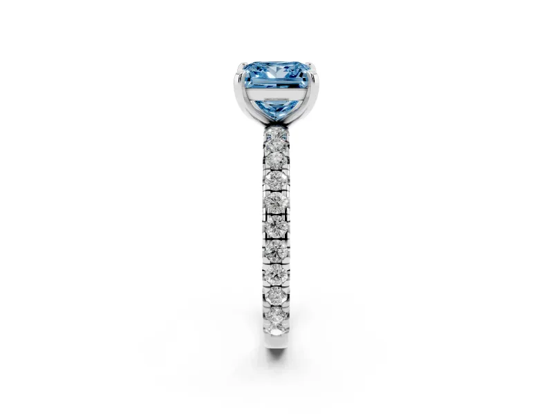 Fancy Blue Princess Cut Diamond Pavé Solitaire Ring Set in Silver with Round Band and Prong Setting