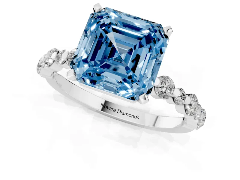 Fancy Blue Asscher Cut Diamond Prong Set Engagement Ring Set in White gold with Round Accent Pavé Band
