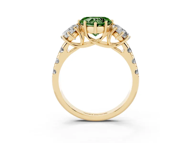 Fancy Green Heart Cut Diamond Three-Stone Ring Set in Yellow gold with Pavé Band