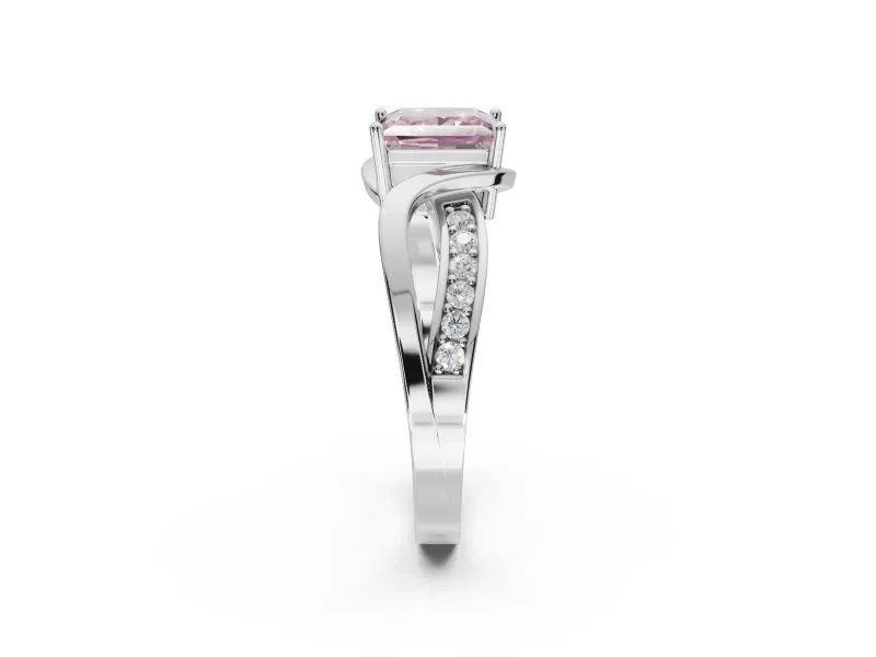 Princess Cut Bypass Solitaire Engagement Ring Setting for a Fancy Pink Lab-Grown Diamond | Pavé Strands | White Gold