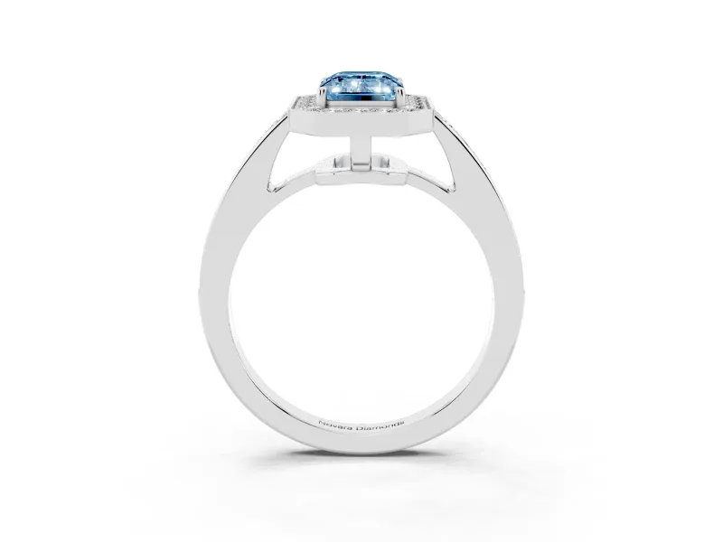 Fancy Blue Emerald Cut Diamond Halo Pavé Engagement Ring Set in Platinum with Bezel Setting