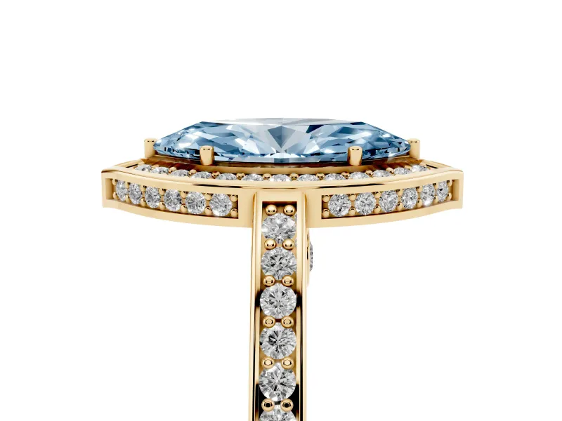 Fancy Blue Marquise Cut Diamond Halo Pavé Split Shank Ring Set in Yellow gold with Prong Setting