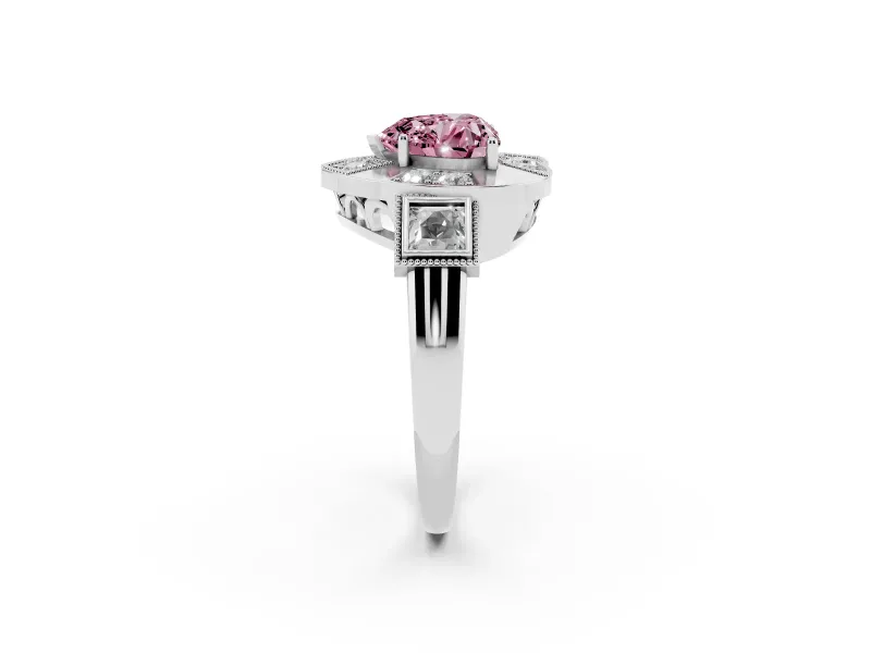 Fancy Pink Heart Cut Diamond Milgrain Halo Ring Set in Platinum with Split Shank