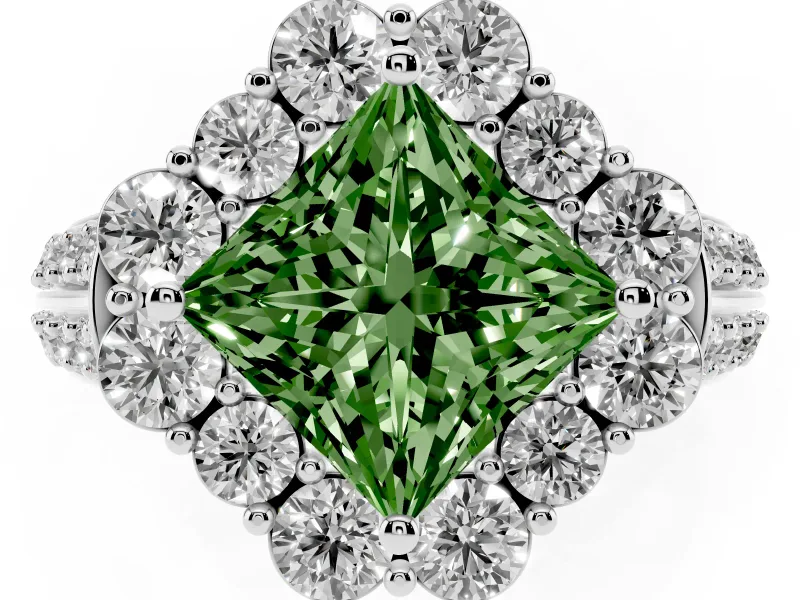 Fancy Green Princess Cut Diamond Halo Engagement Ring Set in Silver with Split Shank and Prong Setting