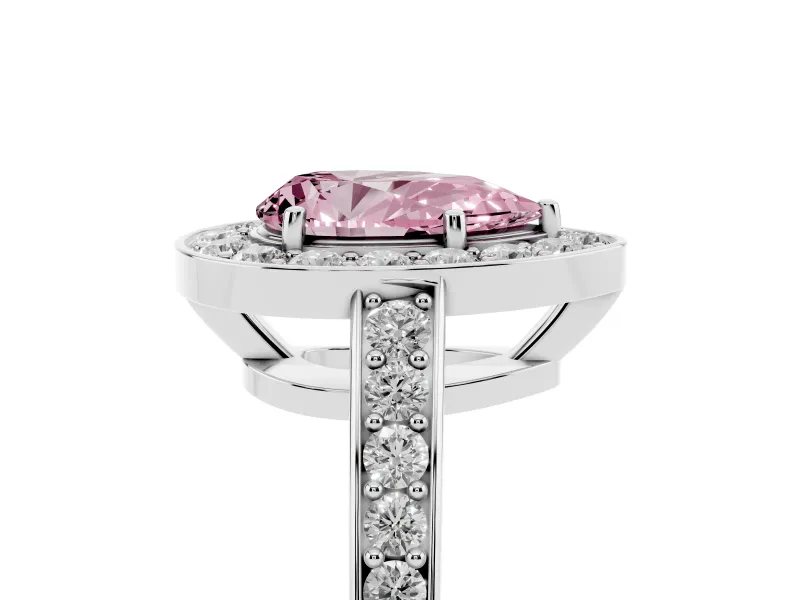 Fancy Pink Pear Cut Diamond Halo Pavé Engagement Ring Set in Platinum with Bezel Setting