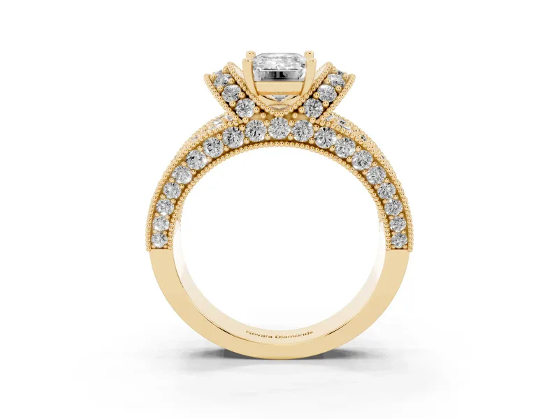Emerald Cut Vintage Milgrain Pave Engagement Ring Setting | Crescent Side Rows | Yellow Gold