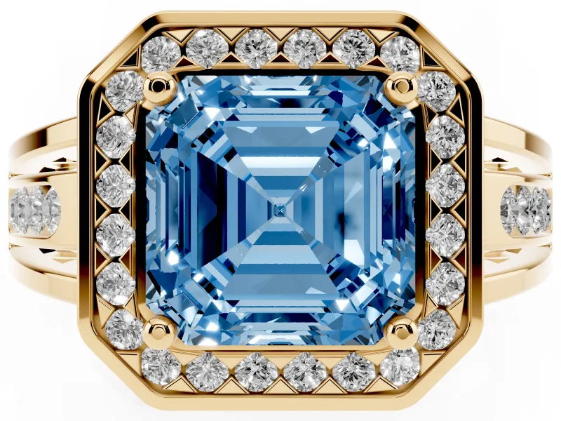 Asscher Cut Halo Engagement Ring Setting for a Fancy Blue Lab-Grown Diamond | Channel-Set Split Shank | Yellow Gold