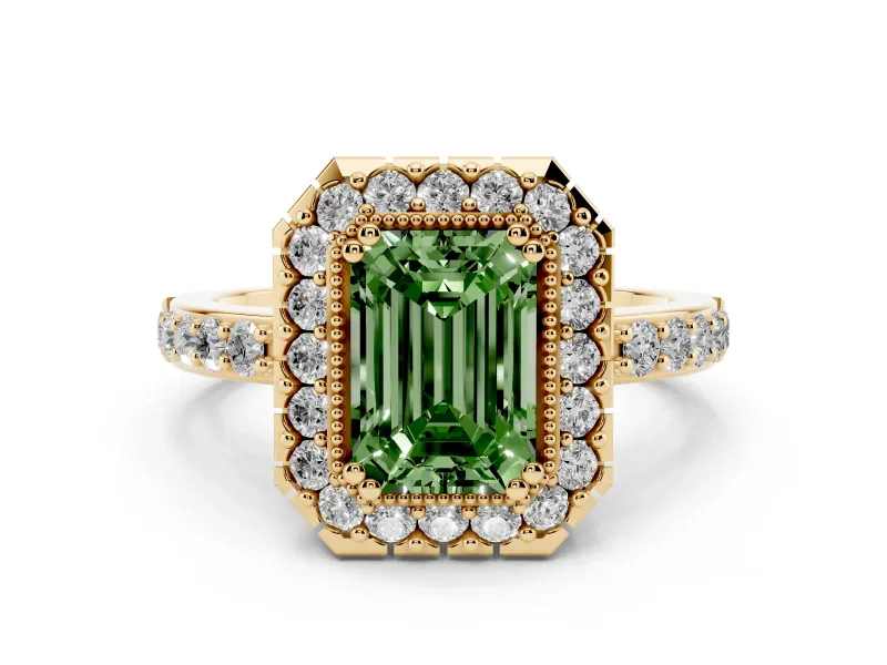 Fancy Green Emerald Cut Diamond Halo Ring Set in Yellow gold with Pavé Shank and Prong Setting
