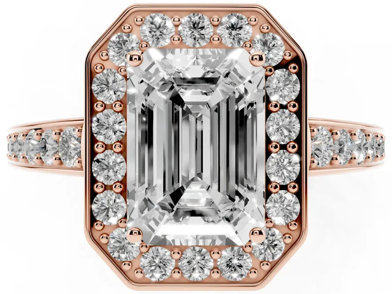 Emerald Cut Framed Halo Engagement Ring Setting | Graduated Pavé Band | Rose Gold