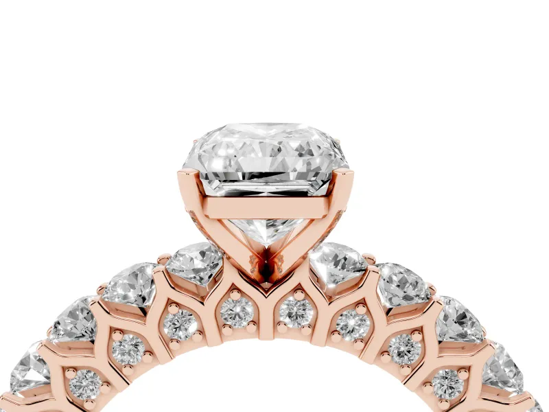 Radiant Cut Shared Prong Engagement Ring Setting | Two-Row Band | Rose Gold