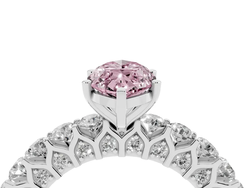 Fancy Pink Marquise Cut Diamond Solitaire Ring Set in Silver with Shared Prong Pavé Band