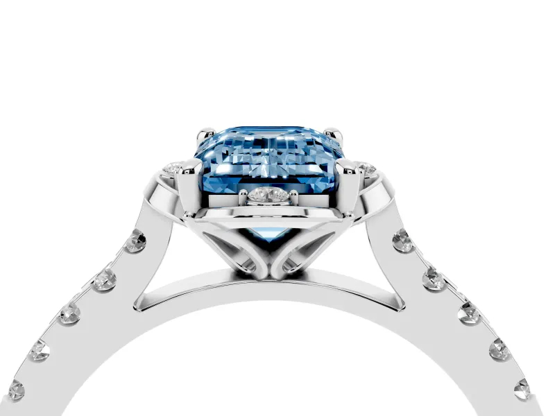 Emerald Cut Floral Engagement Ring Setting for a Fancy Blue Lab-Grown Diamond | Pavé Band | Platinum