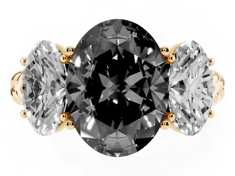 Fancy Black Oval Cut Diamond Three-Stone Ring Set in Yellow gold with Braided Band