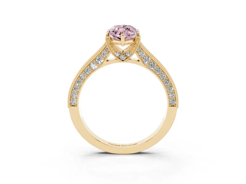Marquise Hidden Halo Engagement Ring Setting for a Fancy Pink Lab-Grown Diamond | Milgrain Pave | Yellow Gold