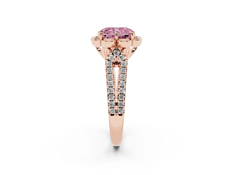 Radiant Cut Floral Halo Engagement Ring Setting for a Fancy Pink Lab-Grown Diamond | Pavé Split Shank | Rose Gold