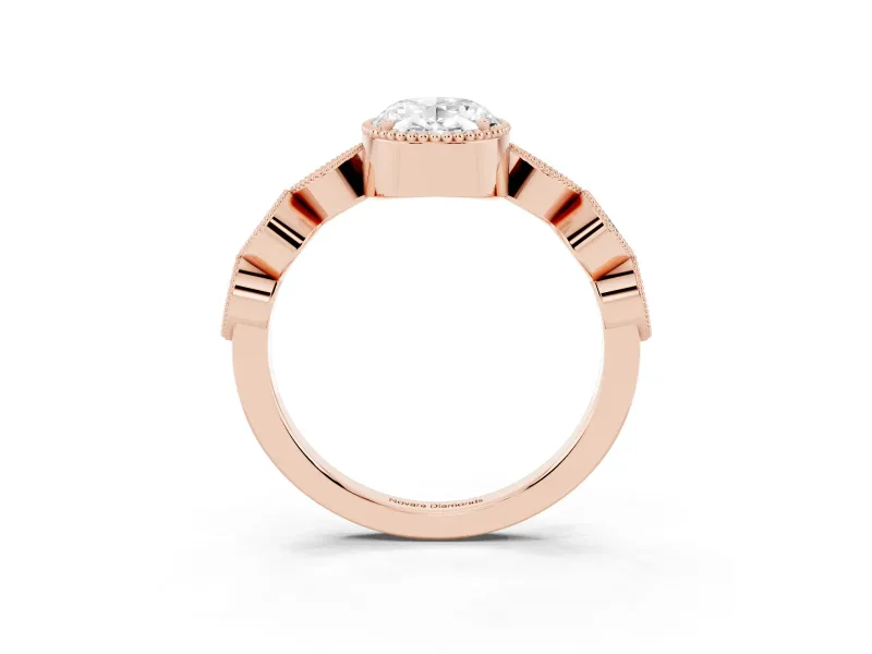 Oval Cut Diamond Vintage-Inspired Milgrain Ring Set in Rose gold with Marquise Stations of Round Accents