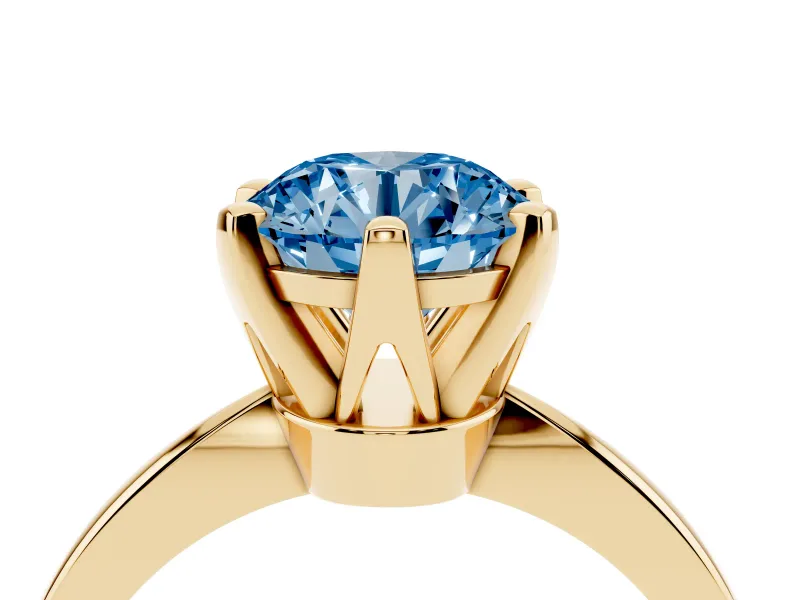 Fancy Blue Round Cut Diamond Solitaire Engagement Ring Set in Yellow gold with Slim Tapered Solitaire Band