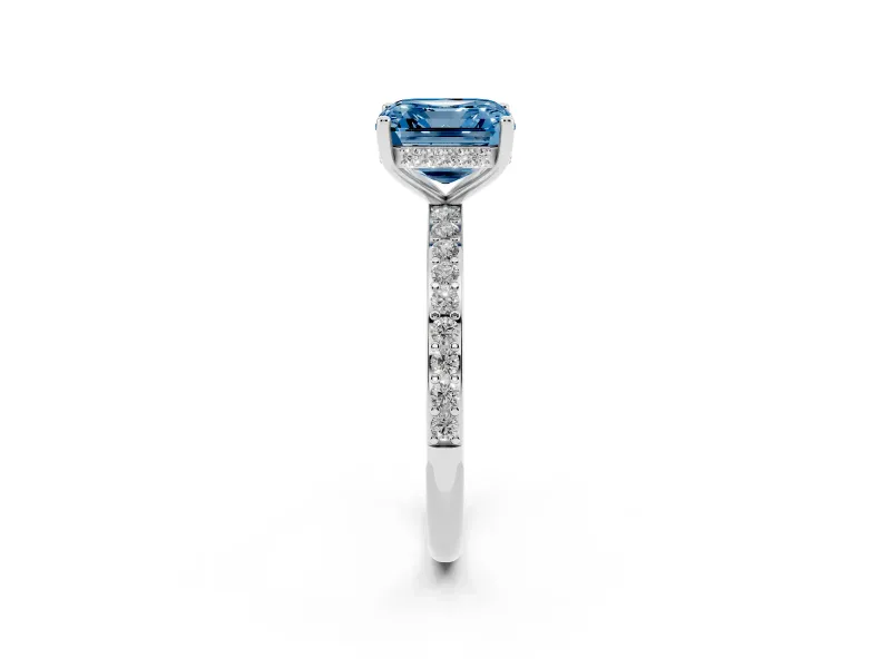 Fancy Blue Asscher Cut Diamond Pavé Band Ring Set in White gold with Prong-Set Center Stone