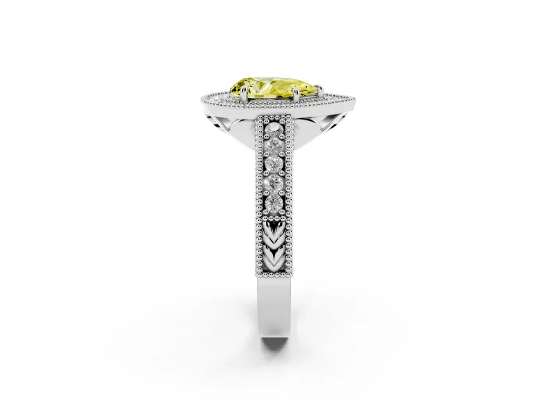 Fancy Yellow Pear Cut Diamond Halo Ring Set in Platinum with Round Accent Halo, Pavé Band and Prong Setting