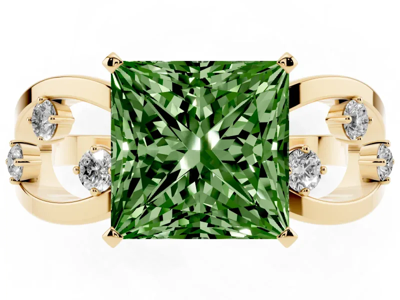 Fancy Green Princess Cut Diamond Solitaire Ring Set in Yellow gold with Side Stones on Criss-Cross Band and Prong Setting