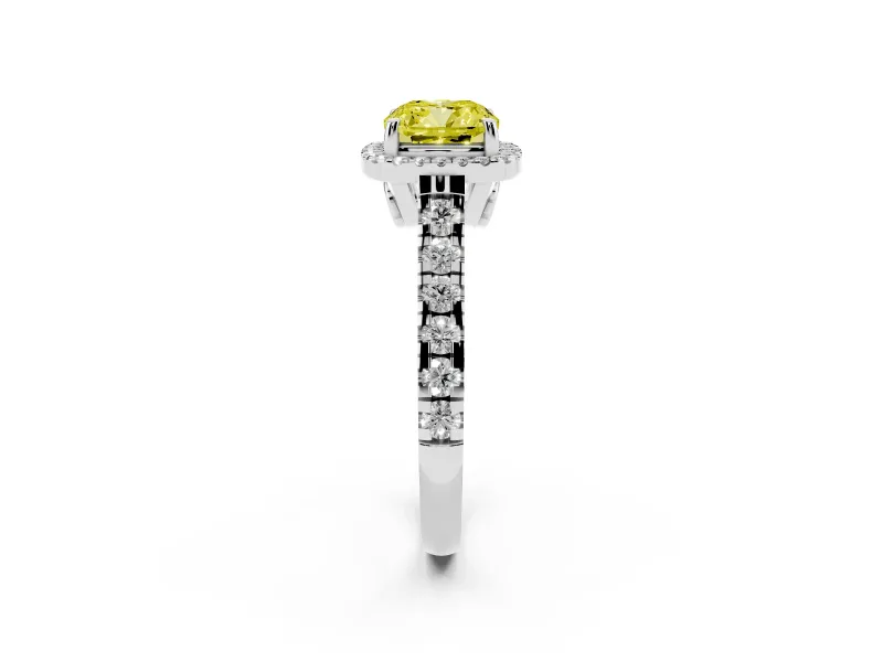 Cushion Cut Halo Engagement Ring Setting for a Fancy Yellow Lab-Grown Diamond | Shared Prong Shoulders | Sterling Silver