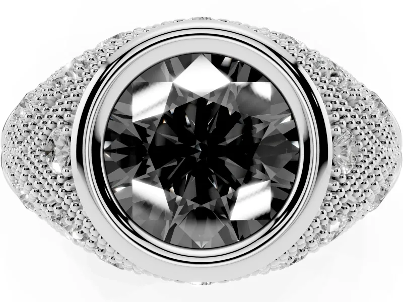 Fancy Black Round Cut Diamond Bezel Ring Set in White gold with Milgrain Accent Band
