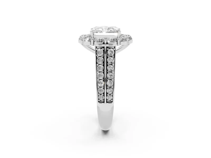 Radiant Cut Diamond Halo Engagement Ring Set in Silver with Split Shank and Prong Setting