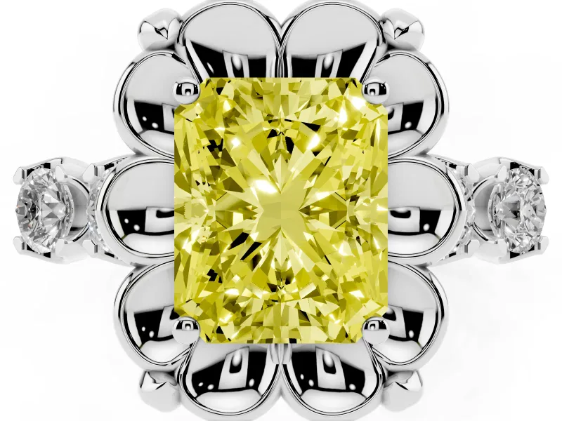 Fancy Yellow Radiant Cut Diamond Floral Halo Ring Set in Platinum with Shared Prong Band