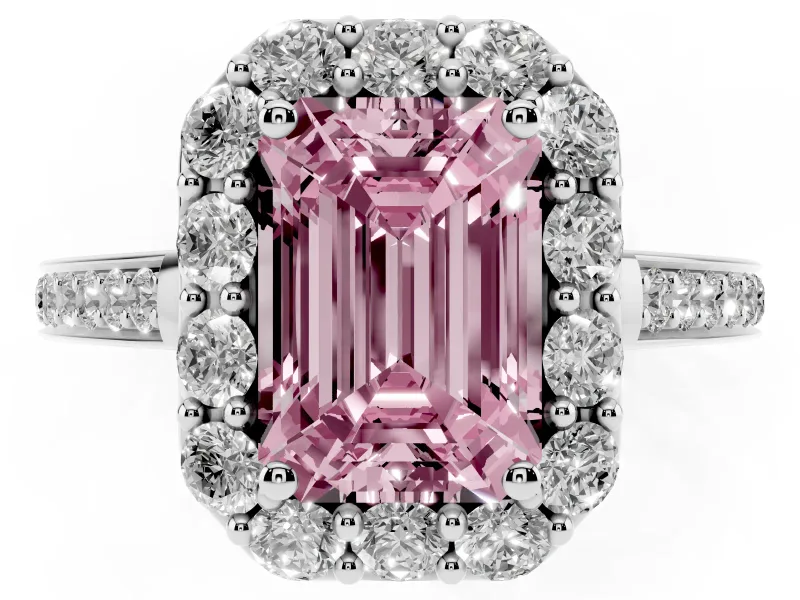 Emerald Cut Floral Halo Engagement Ring Setting for a Fancy Pink Lab-Grown Diamond | Large Round Accents | White Gold