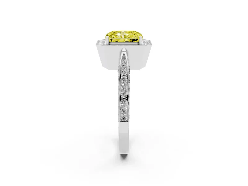 Radiant Cut Milgrain Halo Engagement Ring Setting for a Fancy Yellow Lab-Grown Diamond | Side Stones | White Gold