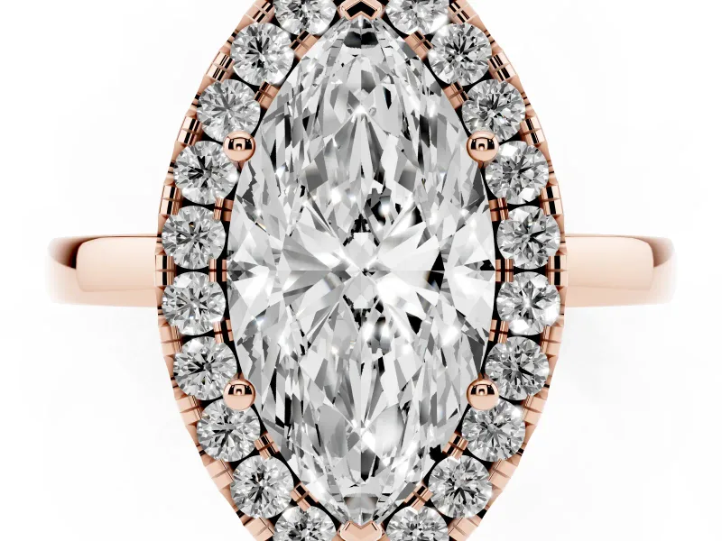 Marquise Cut Diamond Halo Solitaire Ring Set in Rose gold with Pavé Band and Prong Setting