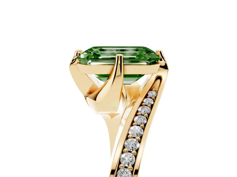 Emerald Cut Bypass Pavé Engagement Ring Setting for a Fancy Green Lab-Grown Diamond | Swept Shoulders | Yellow Gold