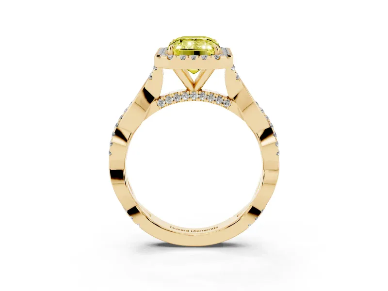 Emerald Cut Twist Halo Engagement Ring Setting for a Fancy Yellow Lab-Grown Diamond | Yellow Gold