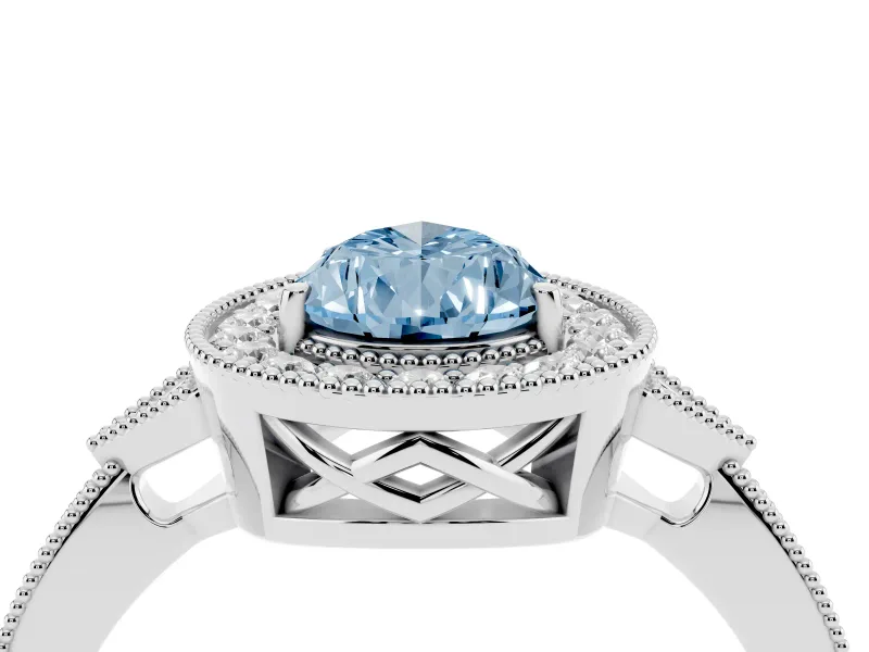 Fancy Blue Pear Cut Diamond Halo Engagement Ring Set in Platinum with Milgrain Pavé Band