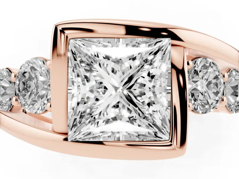 Princess Cut Bezel Bypass Engagement Ring Setting | Round Side Stones | Rose Gold
